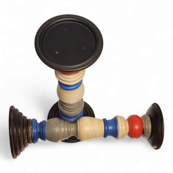 Set of Wooden Candlesticks – 12" Tall Pillar Candle Holders – Americana, Coastal - Picture 4 of 5